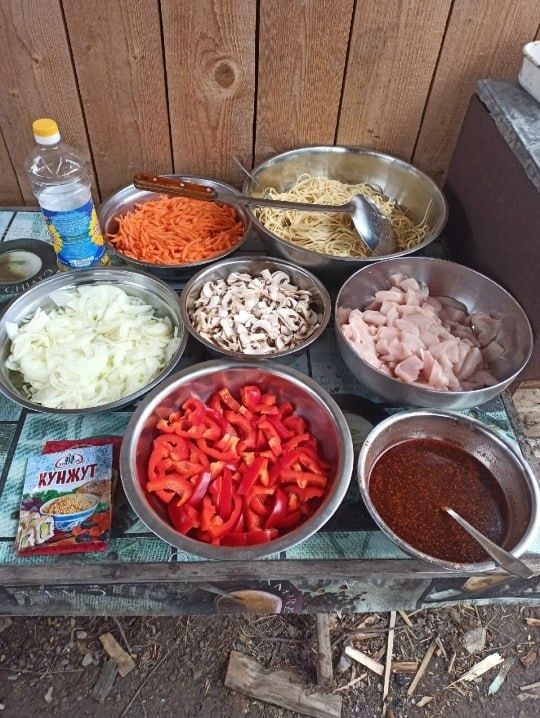 Согреваемся зимними рецептами: удон с курицей и овощами на костре