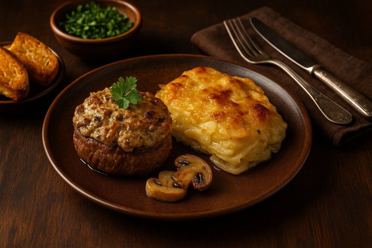 Телячьи медальоны с грибной шапкой и картофельным гратеном: рецепт для уютного вечера